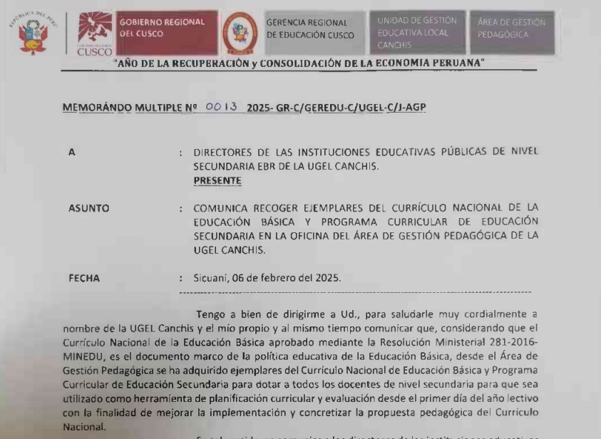 Comunica recoger ejemplares del currículo nacional de la educación básica y programa curricular de educación secundaria en la oficina del área de gestión pedagógica de la UGELCANCHIS.